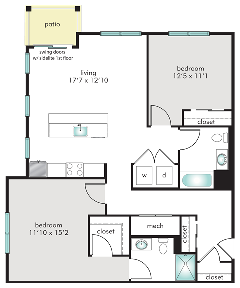 Floor plan for 2 beds, 2 baths, 1141 sqft
